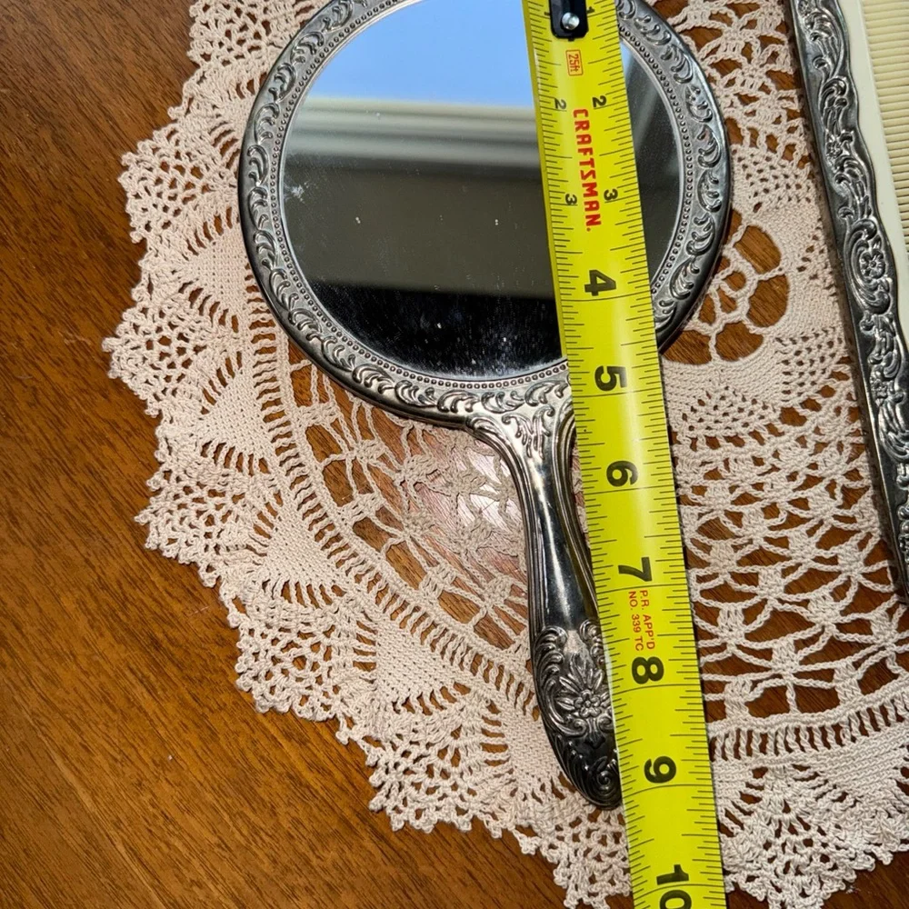 Vintage Silverplate Vanity Mirror Floral Design Heavy With Comb